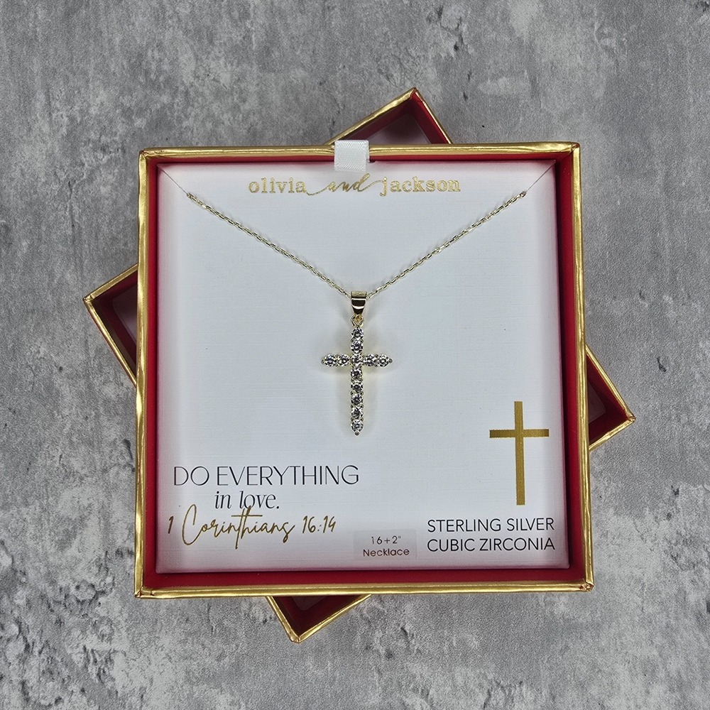 Sterling Silver CZ Cross Necklace Gold Tone Olivia & Jackson 16" + 2" Ext